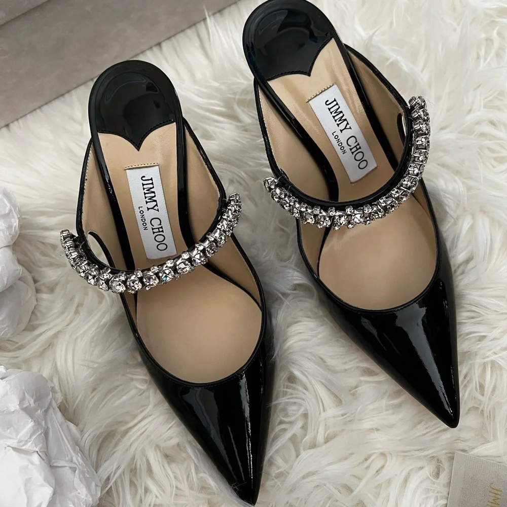 JIMMY CHOO Patent Crystal Bing 100 Pumps 36.5 Black - Picture 1 of 10